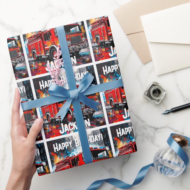 Fire Truck in City Wrapping Paper (Gifting)