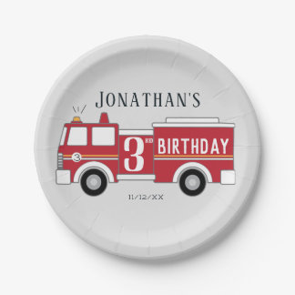 Fire truck kids birthday invitation paper plate