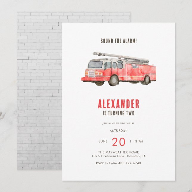 Fire Truck Kids Birthday Party Invitation (Front/Back)