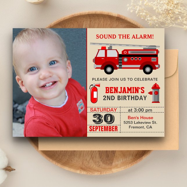 Fire Truck Kids Photo Birthday Party Invitation (Creator Uploaded)
