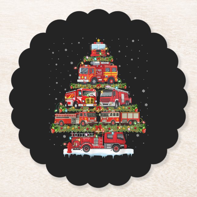 Fire Truck Lights Firefighter Fire Truck Christmas Paper Coaster (Front)