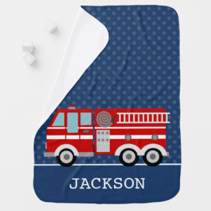 Fire Truck Navy Blue Polka Dot Personalized Boy Baby Blanket