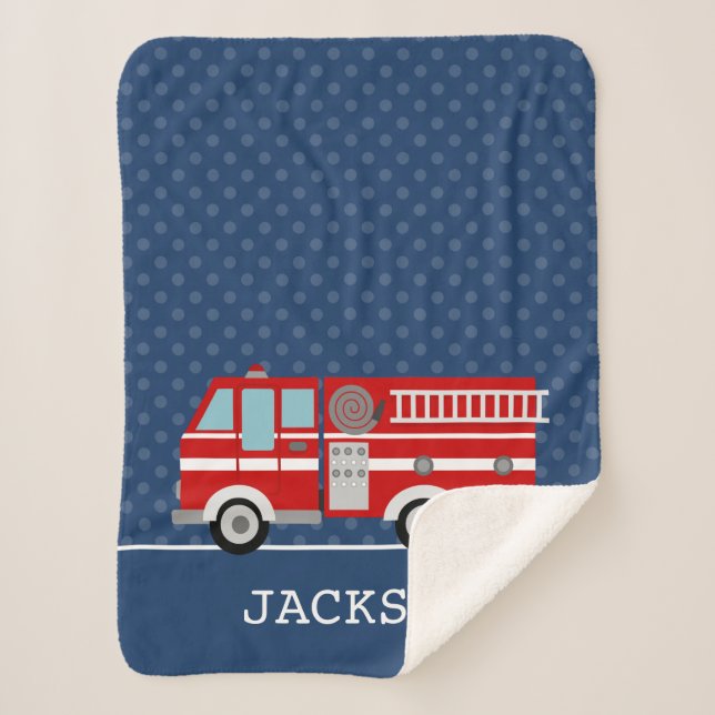 Fire Truck Navy Blue Polka Dot Personalized Boy Sherpa Blanket (Front)
