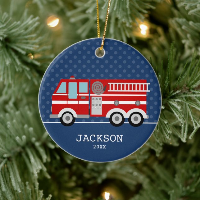 Fire Truck Navy Blue Polka Dot Personalized Kids Ceramic Ornament (Tree)