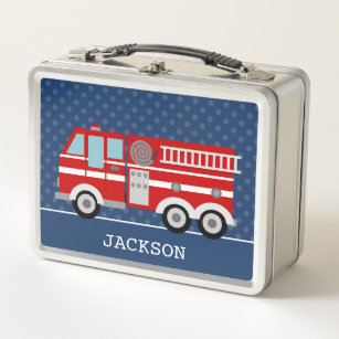 Fire Truck Navy Blue Polka Dot Personalized Kids Metal Lunch Box