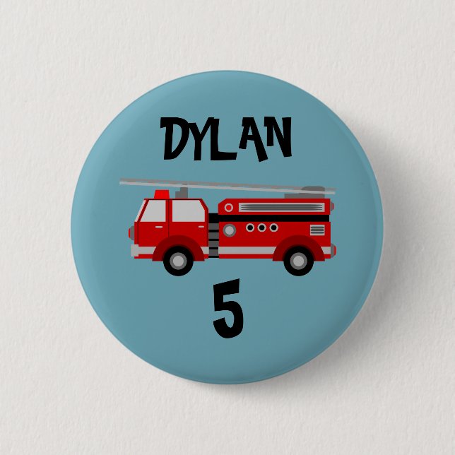 Fire truck Party Birthday button badge (Front)