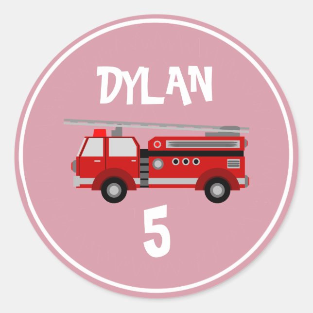 Fire truck Party Birthday Classic Round Sticker (Front)