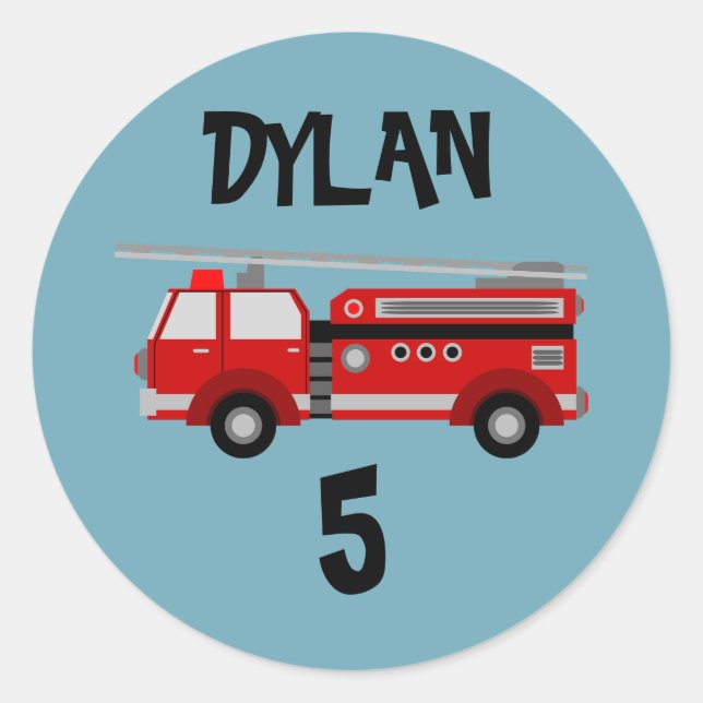 Fire truck Party Birthday round Sticker (Front)