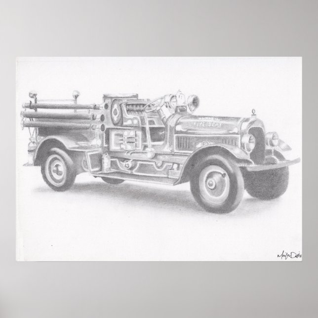 Fire truck pencil sketch large reprint poster (Front)