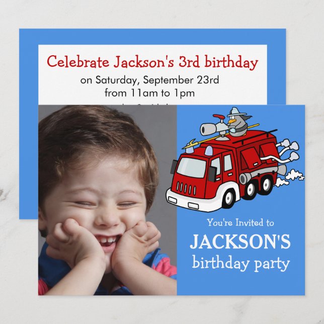 Fire Truck Photo Custom Birthday Invitation, Boy Invitation (Front/Back)