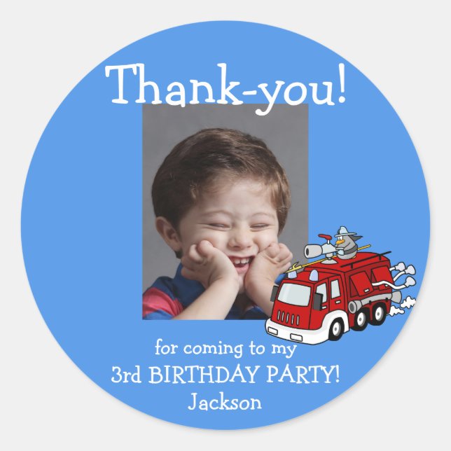 Fire Truck Photo Thank You Birthday Sticker, Boy Classic Round Sticker (Front)