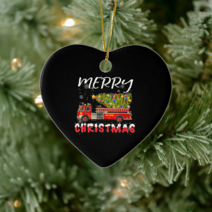 Fire Truck Pine Tree Firefighter Christmas Family Ceramic Ornament
