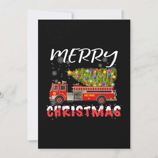Fire Truck Pine Tree Firefighter Christmas Family Holiday Card (Front)