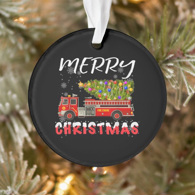 Fire Truck Pine Tree Firefighter Christmas Family Ornament (Tree)