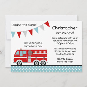 Fire Truck Polka Dot Banner Boy Birthday Party Invitation