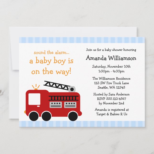 Fire Truck Stripes Boy Baby Shower Invitations (Front)