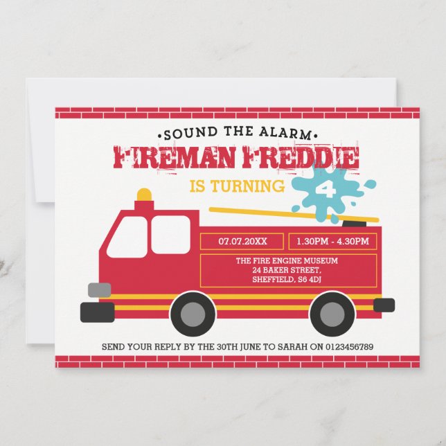 Fire truck themed birthday party invitation (Front)