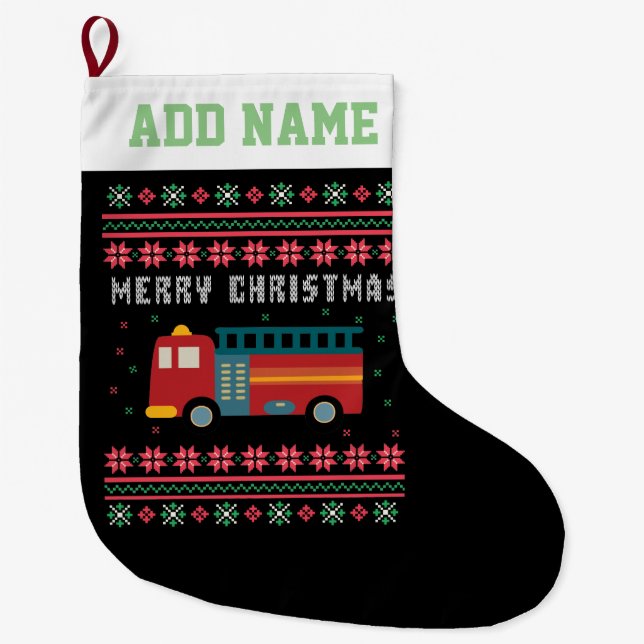 Fire Truck Ugly Christmas Sweater Large Christmas Stocking (Front)