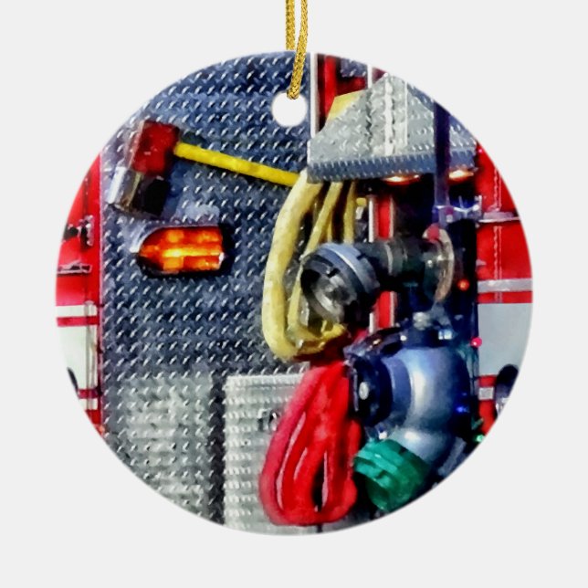 Fire Truck With Hoses and Axe Ceramic Ornament (Front)