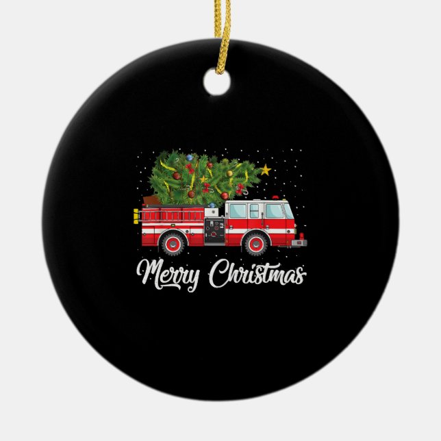 Fire Truck Xmas Tree Firefighter Merry Christmas Ceramic Ornament (Front)