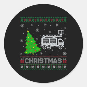 Fire Truck Xmas Tree Lighting Ugly Christmas Sweat Classic Round Sticker