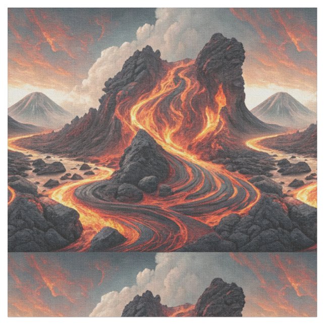Fire Volcano Flowing Lava Landscape Pattern Art Fabric (Close Up)