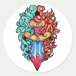 Fire & Water Dagger Tattoo Classic Round Sticker