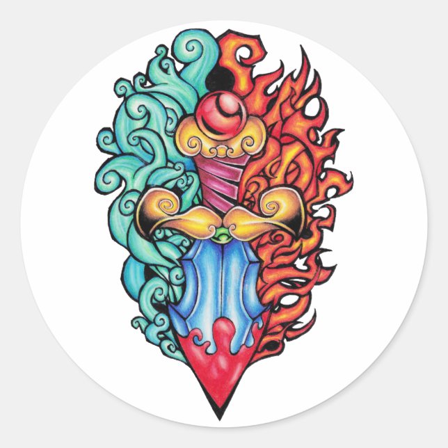 Fire & Water Dagger Tattoo Classic Round Sticker (Front)