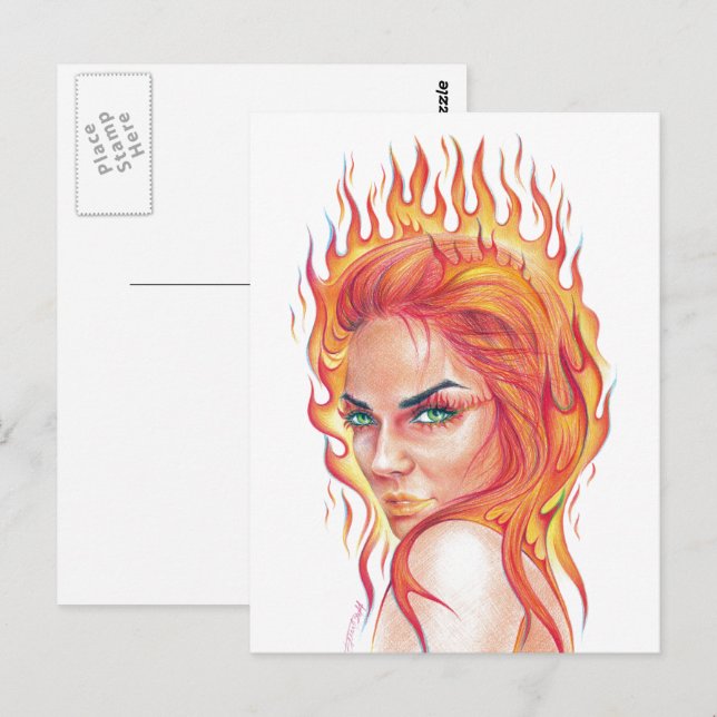Fire Woman Surreal fantasy Portrait drawing art Postcard (Front/Back)