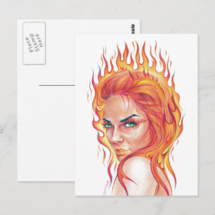 Fire Woman Surreal fantasy Portrait drawing art Postcard