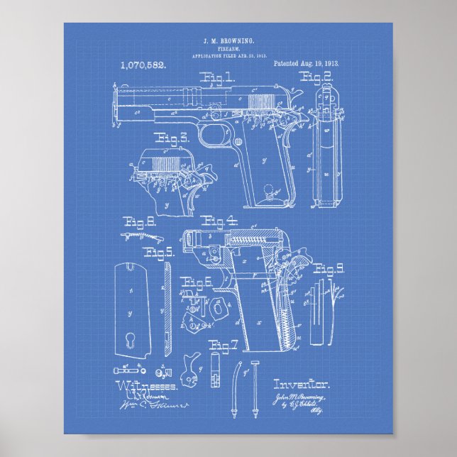 Firearm 1913 Patent Art Blueprint Poster (Front)