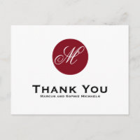 Firebrick Red Circle Monogram Thank You Postcard