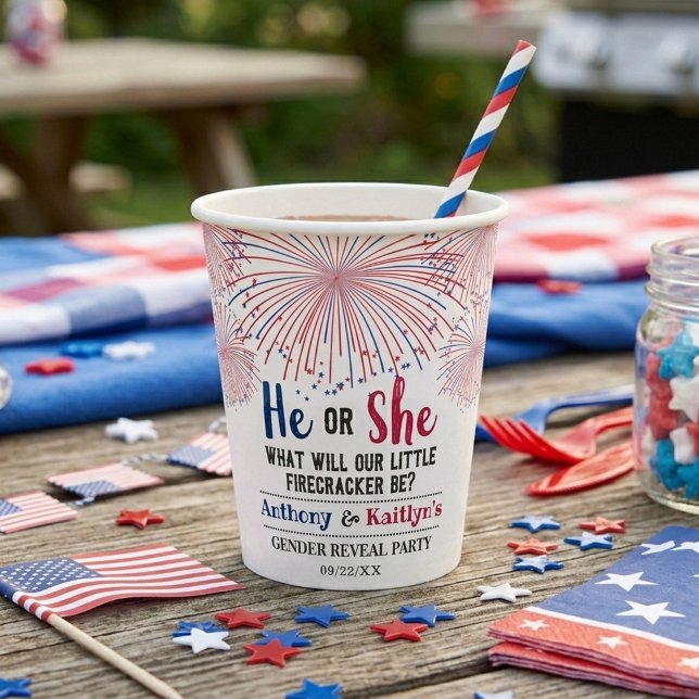 Firecracker 4th Of July Gender Reveal Party Paper Cups (Creator Uploaded)