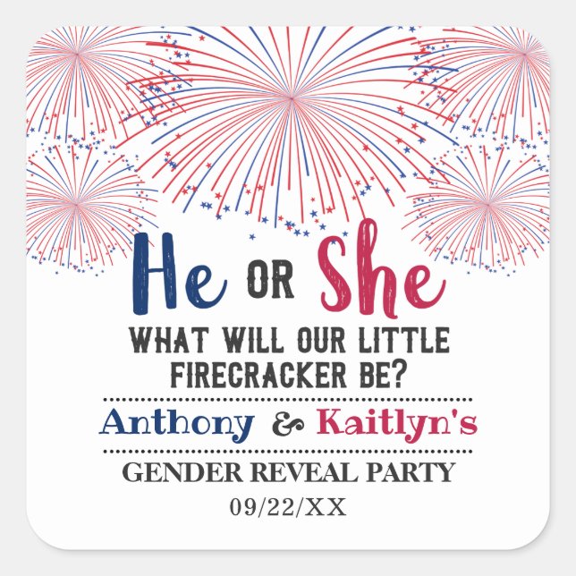 Firecracker 4th Of July Gender Reveal Party Square Sticker (Front)