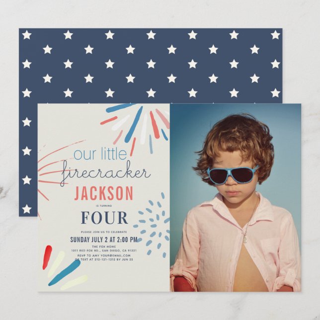 Firecracker July 4th Fireworks Photo Birthday Invitation (Front/Back)