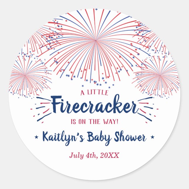 Firecracker On The Way! 4th Of July Baby Shower Classic Round Sticker (Front)