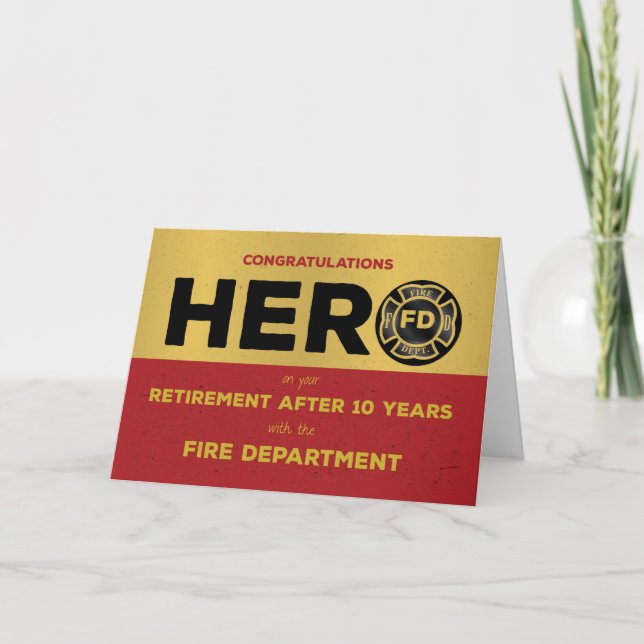 Firefighter 10 Year Retirement Hero Grunge Emblem Card (Front)