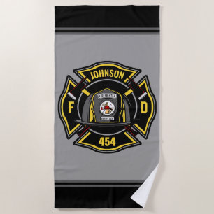 Firefighter ADD NAME Fire Department Rescue Team Beach Towel