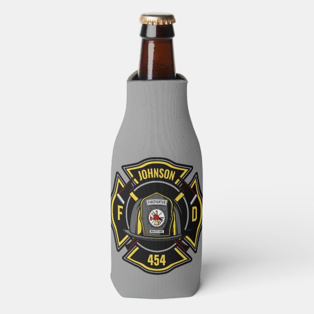 Firefighter ADD NAME Fire Department Rescue Team Bottle Cooler (Bottle Front)