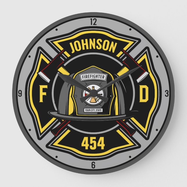 Firefighter ADD NAME Fire Department Rescue Team  Large Clock (Front)