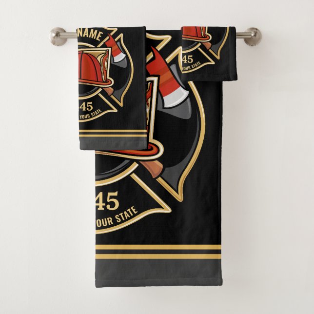 Firefighter ADD NAME Fire Station Department Badge Bath Towel Set (Insitu)