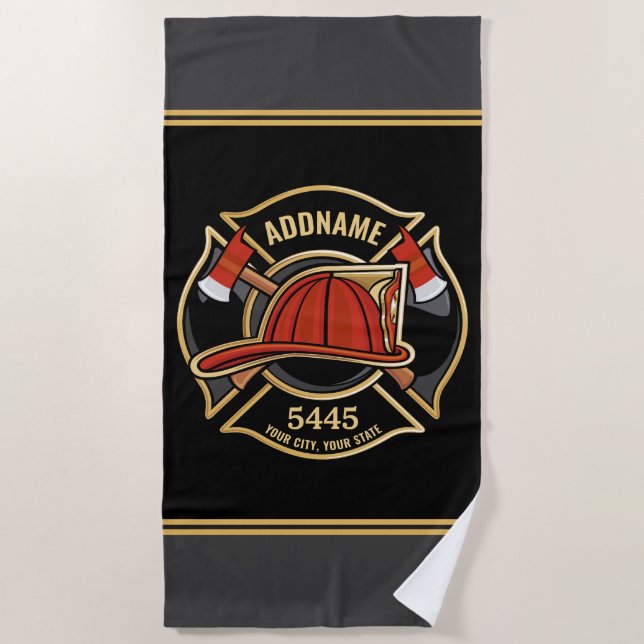 Firefighter ADD NAME Fire Station Department Badge Beach Towel (Front)