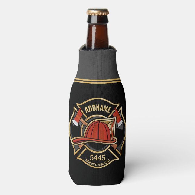 Firefighter ADD NAME Fire Station Department Badge Bottle Cooler (Bottle Front)