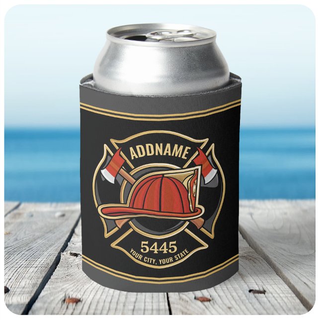 Firefighter ADD NAME Fire Station Department Badge Can Cooler (Creator Uploaded)