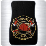Firefighter ADD NAME Fire Station Department Badge Car Mat<br><div class="desc">Firefighter NAME Fireman Fire Department - Emblem with Red Helmet and Axe. Customize with your Name,  Station/Dept Number and location.</div>