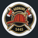 Firefighter ADD NAME Fire Station Department Badge Ceramic Knob<br><div class="desc">Firefighter NAME Fireman Fire Department - Emblem with Red Helmet and Axe. Customize with your Name,  Station/Dept Number and location.</div>