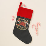 Firefighter ADD NAME Fire Station Department Badge Christmas Stocking<br><div class="desc">Firefighter NAME Fireman Fire Department - Emblem with Red Helmet and Axe. Customize with your Name,  Station/Dept Number and location.</div>
