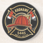 Firefighter ADD NAME Fire Station Department Badge Coaster<br><div class="desc">Firefighter NAME Fireman Fire Department - Emblem with Red Helmet and Axe. Customize with your Name,  Station/Dept Number and location.</div>