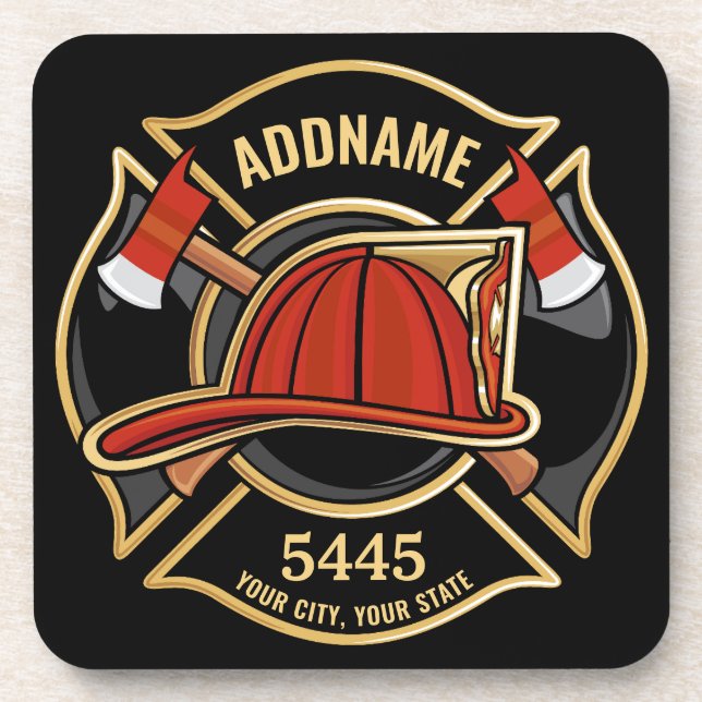 Firefighter ADD NAME Fire Station Department Badge Coaster (Front)