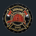 Firefighter ADD NAME Fire Station Department Badge Dartboard<br><div class="desc">Firefighter NAME Fireman Fire Department - Emblem with Red Helmet and Axe. Customize with your Name,  Station/Dept Number and location.</div>